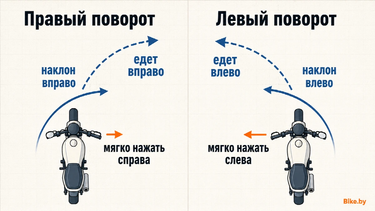 Нажали справа — мотоцикл пошёл вправо