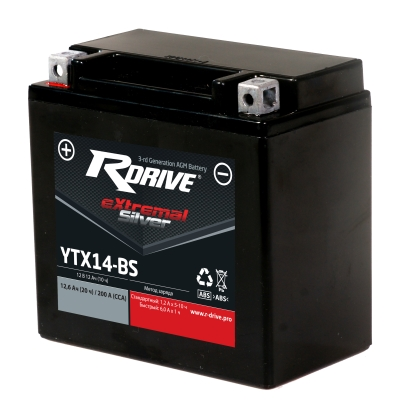 МОТО АККУМУЛЯТОР RDRIVE EXTREMAL SILVER YTX14-BS
