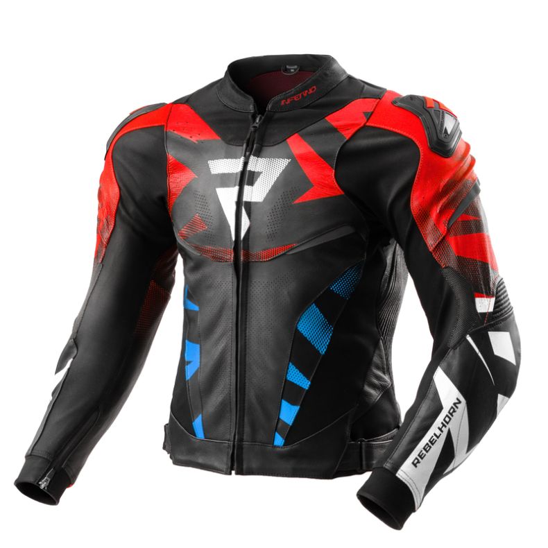 Куртка кожаная rebelhorn inferno black/blue/white/red